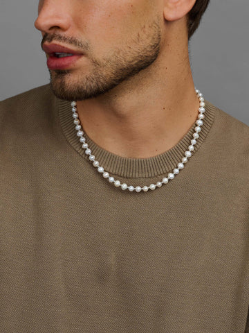 Nialaya Men's Necklace Mini Pearl Necklace with Silver Mini Pearl Necklace with Silver 20 Inches MNEC_300
